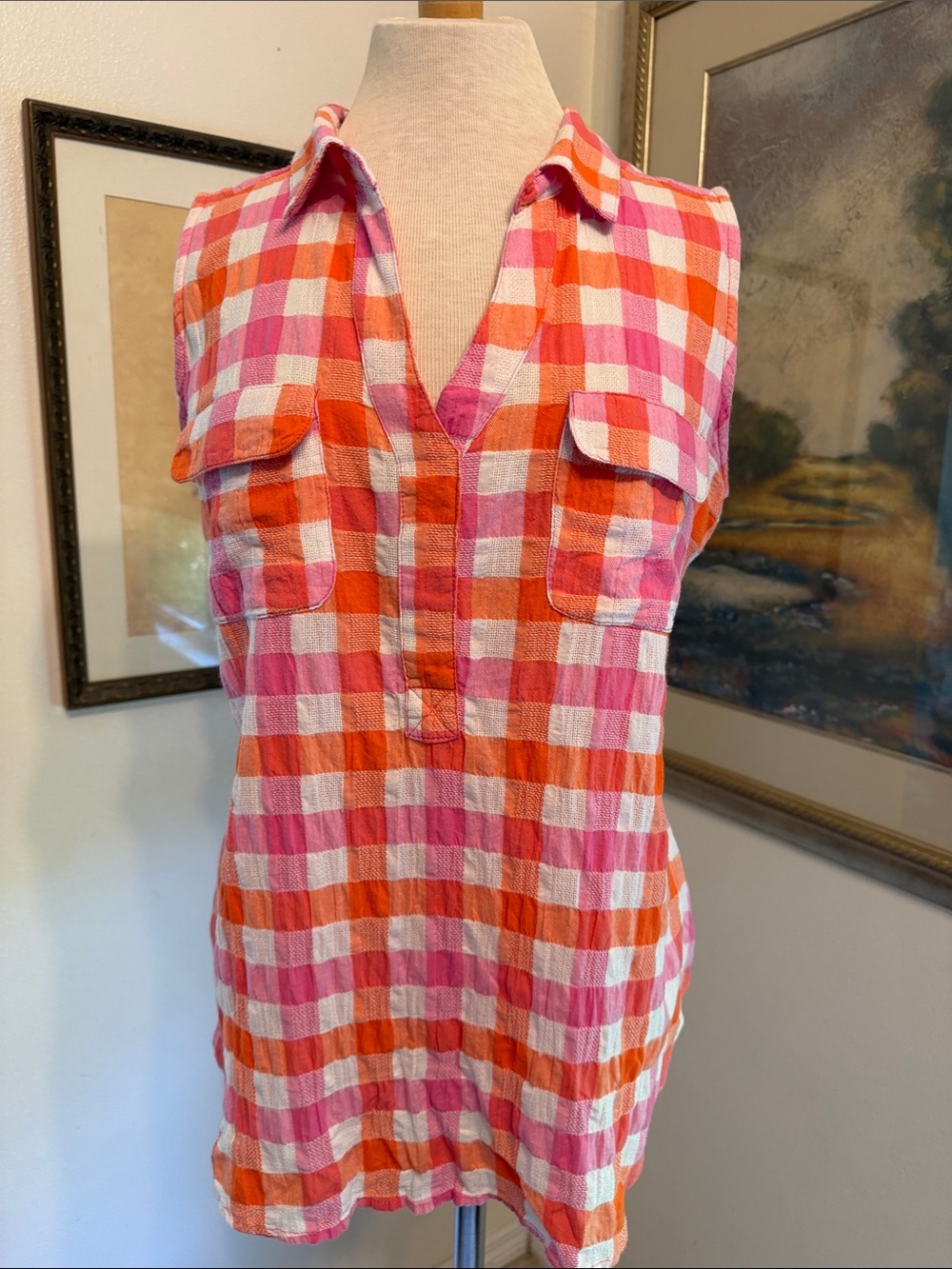 Life Style Sleeveless Pink & Orange Gingham Tunic Top Size Large